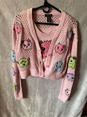 HotTopic/sweet society Open-Knit Cropped Cardigan with Cute Monster Embroidery